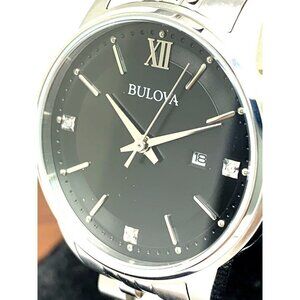Bulova Women’s Watch 96P226 Silver Steel Diamond Black Dial Quartz 32mm